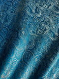 Turquoise Blue & Silver Damask Paisley - Faux Silk Brocade Jacquard Fabric