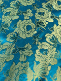 Large Turquoise & Gold Flowers - Faux Silk Brocade Jacquard Fabric