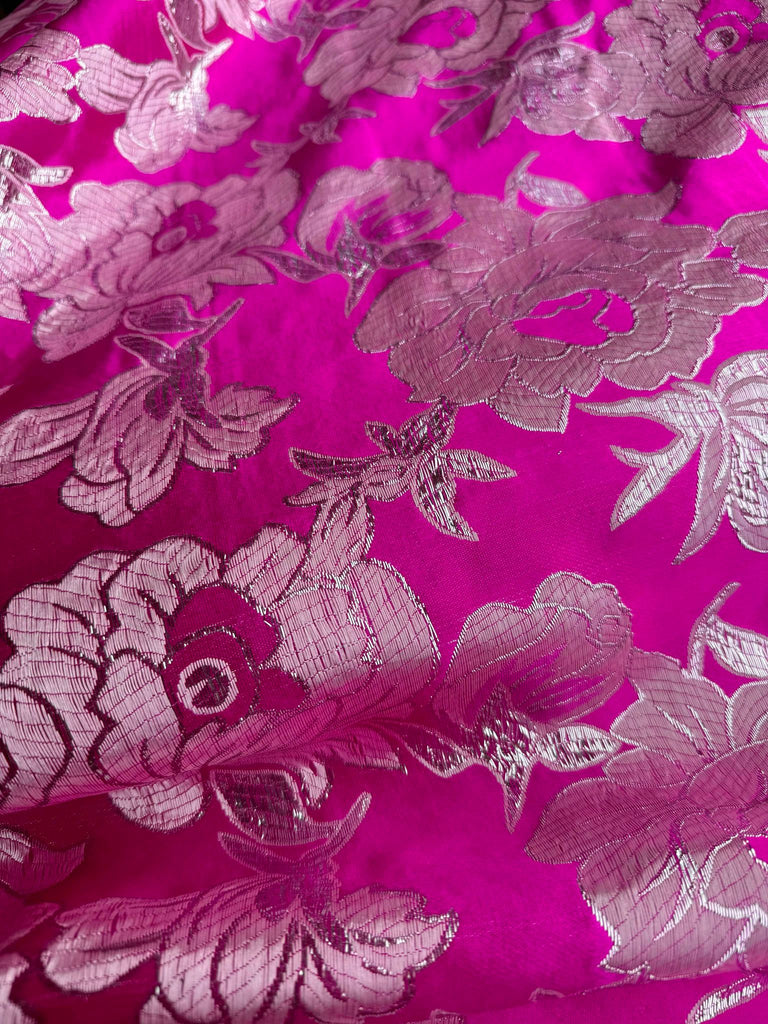 Hot Pink & Silver Large Floral - Faux Silk Brocade Jacquard Fabric