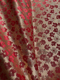 Red & Champagne Gold Flowers - Faux Silk Brocade Jacquard Fabric