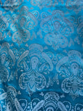 Turquoise Blue & Silver Damask Paisley - Faux Silk Brocade Jacquard Fabric