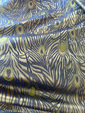 Gold with Blue Peacock Feathers - Faux Silk Brocade Jacquard Fabric