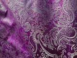 Magenta & Silver Paisley Floral - Faux Silk Brocade Jacquard Fabric