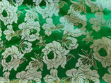 Large Kelly Green & Gold Flowers - Faux Silk Brocade Jacquard Fabric