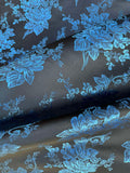 Black & Blue Roses Floral - Faux Silk Brocade Jacquard Fabric