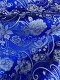 Royal Blue & Silver Paisley Floral- Faux Silk Brocade Jacquard Fabric