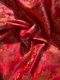 Red, Orange & Gold Floral - Faux Silk Brocade Jacquard Fabric