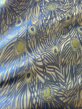 Gold with Blue Peacock Feathers - Faux Silk Brocade Jacquard Fabric