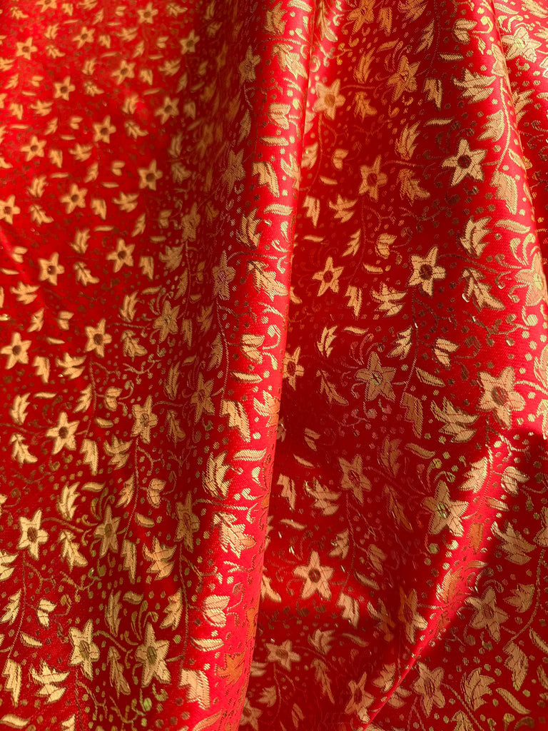 Red with Gold Small Flowers - Faux Silk Brocade Jacquard Fabric