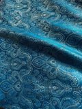 Turquoise Blue & Silver Damask Paisley - Faux Silk Brocade Jacquard Fabric