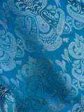 Turquoise Blue & Silver Damask Paisley - Faux Silk Brocade Jacquard Fabric