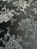 Black & Silver Gray Roses Floral - Faux Silk Brocade Jacquard Fabric