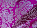 Fuchsia Pink & Silver Damask Paisley - Faux Silk Brocade Jacquard Fabric