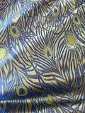 Gold with Blue Peacock Feathers - Faux Silk Brocade Jacquard Fabric