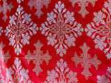 Red with Silver Cross - Faux Silk Brocade Jacquard Fabric