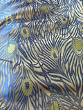 Gold with Blue Peacock Feathers - Faux Silk Brocade Jacquard Fabric