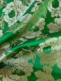 Large Kelly Green & Gold Flowers - Faux Silk Brocade Jacquard Fabric