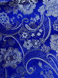 Royal Blue & Silver Paisley Floral- Faux Silk Brocade Jacquard Fabric