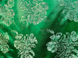 Emerald Green & Gold Roses Floral - Faux Silk Brocade Jacquard Fabric