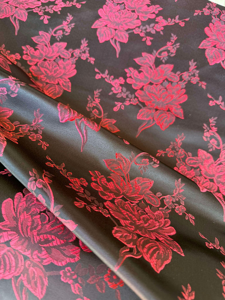 Black & Scarlet Red Roses Floral - Faux Silk Brocade Jacquard Fabric