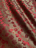 Red & Champagne Gold Flowers - Faux Silk Brocade Jacquard Fabric