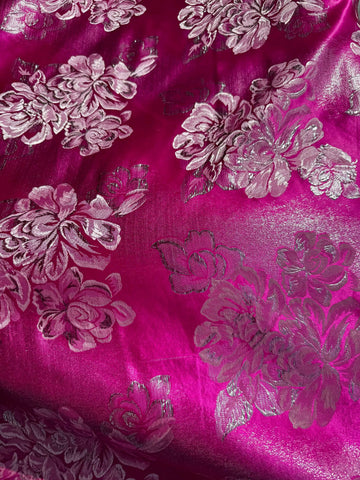 Fuchsia Pink & Silver Large Floral - Faux Silk Brocade Jacquard Fabric