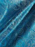 Turquoise Blue & Silver Damask Paisley - Faux Silk Brocade Jacquard Fabric