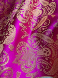 Fuchsia Pink & Gold Damask Paisley - Faux Silk Brocade Jacquard Fabric