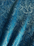 Turquoise Blue & Silver Damask Paisley - Faux Silk Brocade Jacquard Fabric