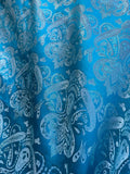 Turquoise Blue & Silver Damask Paisley - Faux Silk Brocade Jacquard Fabric