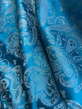 Turquoise Blue & Silver Damask Paisley - Faux Silk Brocade Jacquard Fabric