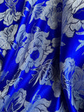 Royal Blue with Silver Flowers - Faux Silk Brocade Jacquard Fabric