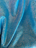 Turquoise Blue & Silver Small Paisley - Faux Silk Brocade Jacquard Fabric