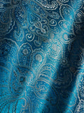 Turquoise Blue & Silver Damask Paisley - Faux Silk Brocade Jacquard Fabric