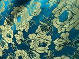 Large Turquoise & Gold Flowers - Faux Silk Brocade Jacquard Fabric