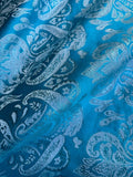 Turquoise Blue & Silver Damask Paisley - Faux Silk Brocade Jacquard Fabric