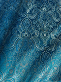 Turquoise Blue & Silver Damask Paisley - Faux Silk Brocade Jacquard Fabric