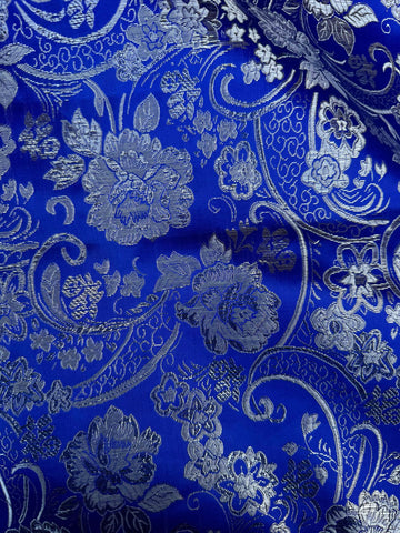 Royal Blue & Silver Paisley Floral- Faux Silk Brocade Jacquard Fabric