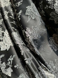 Black & Silver Gray Roses Floral - Faux Silk Brocade Jacquard Fabric