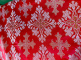 Red with Silver Cross - Faux Silk Brocade Jacquard Fabric