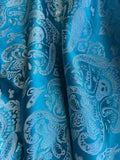 Turquoise Blue & Silver Damask Paisley - Faux Silk Brocade Jacquard Fabric