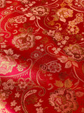 Red & Gold Paisley Floral- Faux Silk Brocade Jacquard Fabric