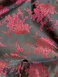 Black & Scarlet Red Roses Floral - Faux Silk Brocade Jacquard Fabric