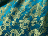 Large Turquoise & Gold Flowers - Faux Silk Brocade Jacquard Fabric