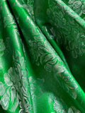 Kelly Green & Silver Floral - Faux Silk Brocade Jacquard Fabric