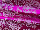 Fuchsia Pink & Silver Damask Paisley - Faux Silk Brocade Jacquard Fabric