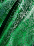 Emerald Green & Silver Paisley - Faux Silk Brocade Jacquard Fabric