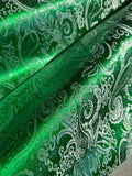 Emerald Green & Silver Paisley - Faux Silk Brocade Jacquard Fabric