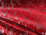 Red & Silver Paisley Floral- Faux Silk Brocade Jacquard Fabric