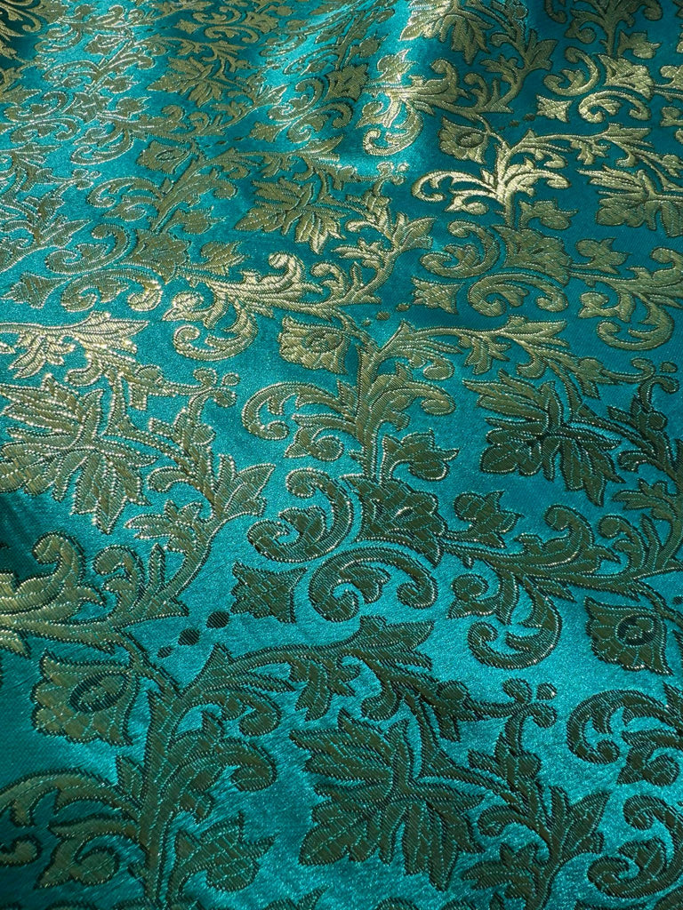 Emerald Green & Gold Leaves Damask - Faux Silk Brocade Jacquard Fabric